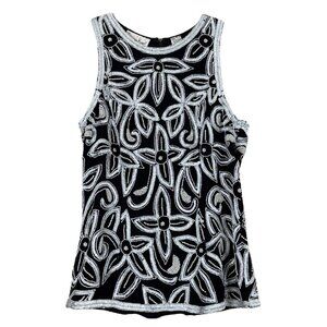 Vtg Laurence Kazar Silk Beaded Sequined Cocktail Formal Top Black White Size M